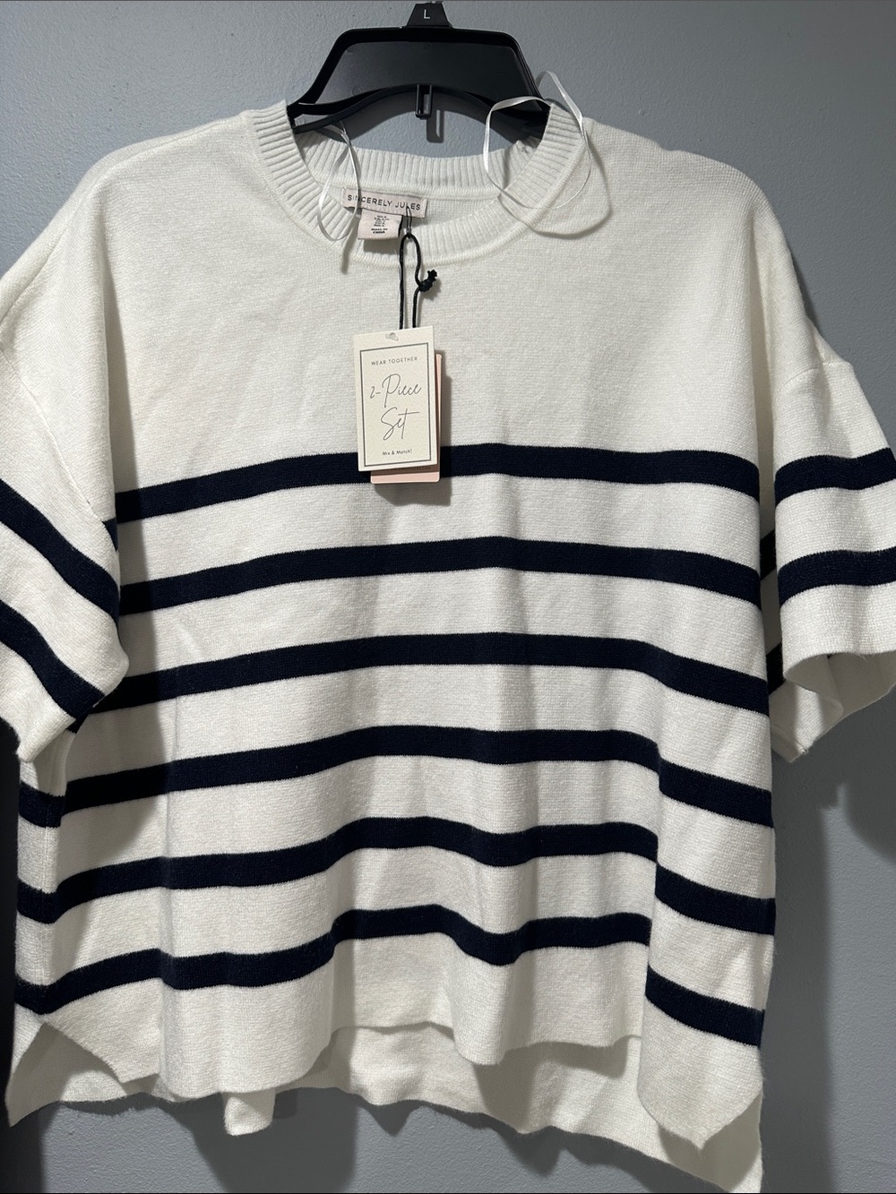 Sincerely Jules Navy Wide-Leg Pants with Cream & Navy Striped Top - Picture 2 of 8